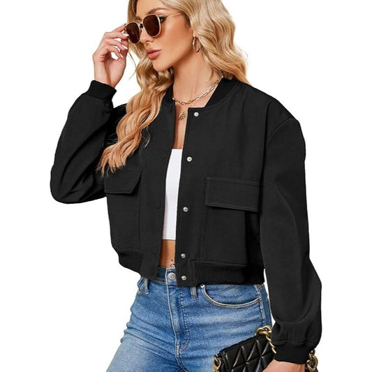 Women's Button-Down Cropped Bomber Jacket